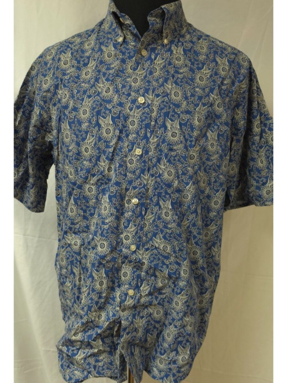Roundtree & Yorke Mens (L) Blue Beige Paisley Floral Short Sleeve Button Shirt